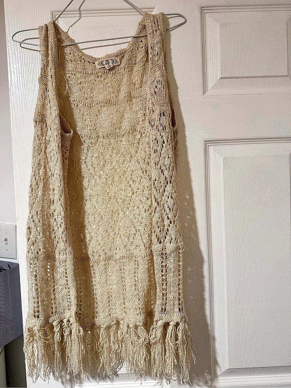 Zenana Crochet Fringe Mini Dress in Beige